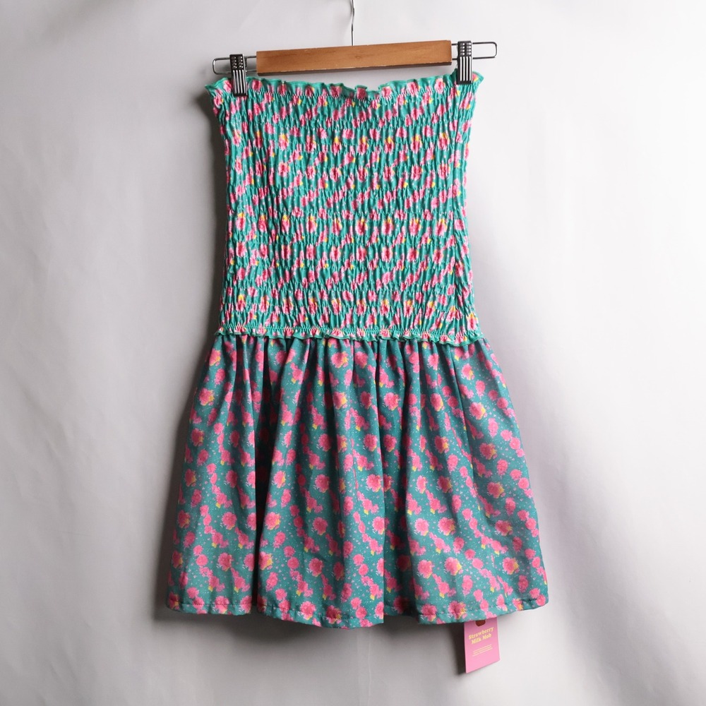 NWT Strawberry Milk Mob Teal Pink Floral Strapless Mini Dress Swim Cover M - Picture 3 of 7